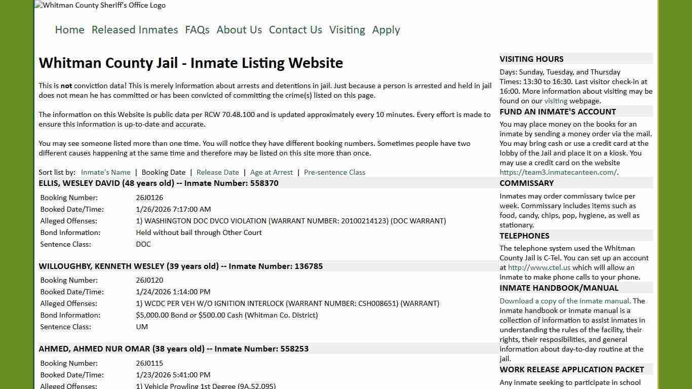 Whitman County Jail - Inmate Listing Website